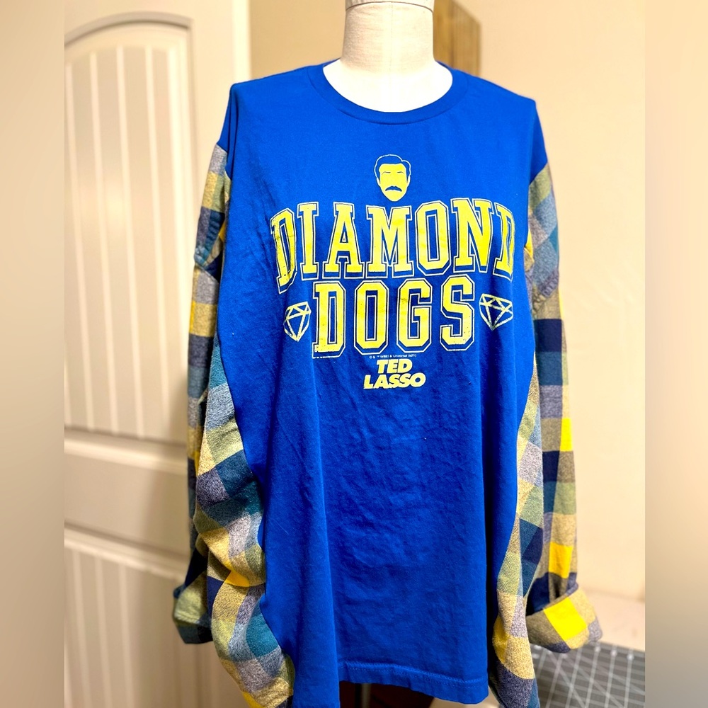 Upcycled Diamond Dogs tee with flannel sleeve